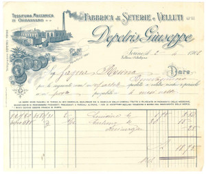 1908 TORINO Galleria Subalpina - Giuseppe DEPETRIS Seterie e Velluti - Fattura Fattura commerciale d'epoca manoscritta, su carta intestata illustrata.PAGINE: 1 FAIR/discreto piegature d'epoca; piccoli fori da spillatura; lievi ingiallimenti al lato destro Formato: 22x19 cm originale e autentica 1