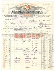 1928 LECCO Via Cattaneo 12 - Mario MARTINI Commercio ingrosso -  Fattura Fattura commerciale d'epoca dattiloscritta, su carta intestata.Marche da bollo.PAGINE: 1 (2 facciate)  FAIR/discreto piegature d'epoca; lievi gualciture  originale e autentica 1
