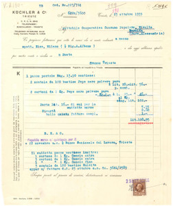 1939 TRIESTE Ditta KUCHLER & C. - Fattura intestata per pepe nero Fattura dattiloscritta su carta intestata. FAIR/discreto piegature d'epoca; piccoli fori da classificatore  originale e autentica 1