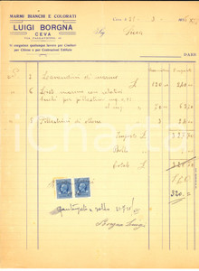 Documento originale, autentico 1936 CEVA Via Pallavicino 16  Luigi BORGNA Marmi bianchi e colorati Fattura 1