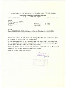 1959 FOGGIA Molini e pastifici FRATELLI FREDELLA Lettera commerciale 21x29 (2)