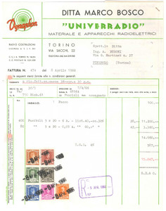 1966 TORINO Ditta Marco Bosco UNIVERRADIO - DYNAPHON Fattura 22x28 cm (1)