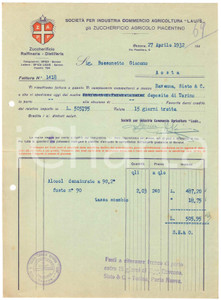 1932 GENOVA Via Peschiera 6 - LAUIS Zuccherificio agricolo piacentino - Fattura Fattura commerciale d'epoca, dattiloscritta, su carta intestata illustrata.PAGINE: 1 FAIR/discreto piegature d'epoca, lievi gualciture Formato: 22x28 cm originale e autentica 1