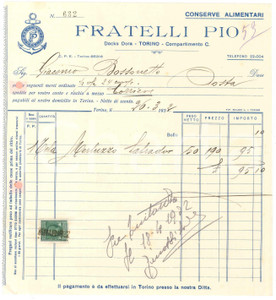 1933 TORINO Docks Dora - Conserve alimentari FRALLI PIO Fattura per merluzzo Fattura commerciale d'epoca, dattiloscritta, su carta intestata illustrata.Presente marca da bollo. PAGINE: 1 FAIR/discreto piegature d'epoca, lievi gualciture Formato: 21x23 cm originale e autentica 1