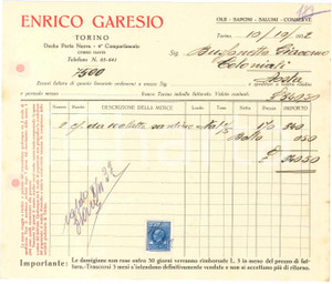 1932 TORINO Docks Porta Nuova - Enrico GARESIO Olii Salumi Conserve - Fattura 2