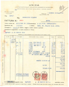 Documento originale, autentico 1930 TORINO  UNICA Unione Nazionale Industria Commercio Alimentari  Fattura 1