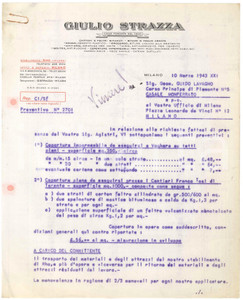 Documento originale, autentico 1943 MILANO Via R. Boscovich  Giulio STRAZZA Coperture impermeabili Preventivo 1