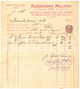 1928 TORINO Via Saluzzo 59 - Alessandro MELLANO Lavorazione spugne - Fattura Fattura commerciale d'epoca manoscritta, su carta intestata.Presente marca da bollo.PAGINE: 1   FAIR/discreto piegature d'epoca; piccolo strappo angolare FORMATO: 22x24 cm originale e autentica 1