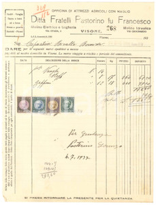 1936 VISONE (AL) Fratelli PASTORINO fu Francesco - Attrezzi agricoli - Fattura Fattura commerciale d'epoca manoscritta, su carta intestata.Presenti marche da bollo.PAGINE: 1 FAIR/discreto piegature d'epoca; piccoli fori da spillatura; lievi tracce di ruggine da preesistenti punti metallici Formato: 21x28 cm originale e autentica 1