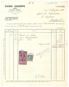 Documento originale, autentico 1940 ACQUI TERME AL Giuseppe GOSIO Magazzini agricoli Fattura commerciale 3 1