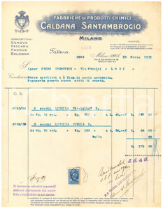 1931 MILANO Via G. de Castillia 26 CALDANA SANTAMBROGIO *Fattura per lisciva (1) Fattura commerciale d'epoca dattiloscritta, su carta intestata.Presente marca da bollo.PAGINE: 1 POOR/danneggiato piegature d'epoca; gualciture; strappi di circa 0.5 cm al lato destro Formato: 22x28 cm originale e autentica 1