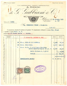 1931 MILANO Via De Filippi 4 - A. DONINI di G. GABBIANI & C. - Fattura Fattura commerciale d'epoca dattiloscritta, su carta intestata.Presenti marche da bollo.PAGINE: 1  POOR/danneggiato piegature d'epoca; tracce di ruggine da preesistenti graffette metalliche; piccole macchie al lato inferiore; piccolo strappo al lato sinistro Formato: 22x28 cm originale e autentica 1