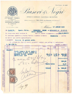 1931 MILANO Corso Genova 8 - BASEVI & NEGRI Spaghi e cordami - Fattura Fattura commerciale d'epoca dattiloscritta, su carta intestata.Presenti marche da bollo.PAGINE: 1 POOR/danneggiato piegature d'epoca; mancanza all'angolo inferiore sinistro; gualciture; residuo cartaceo al verso Formato: 22x28 cm originale e autentica 1