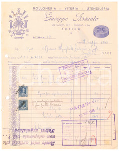 1949 TORINO Via Saluzzo 23 - Giuseppe ASSAUTO Bolloneria - Fattura 22x28 cm Fattura commerciale d'epoca, manoscritta, su carta intestata illustrata.Presenti marche da bollo.PAGINE: 1 POOR/danneggiato piegature d'epoca, fori da classificatore al lato sinistro, forellini alll'angolo superiore sinistro, lievi piegature agli angoli Formato: 22x28 cm originale e autentica 1