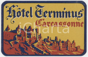 1955 ca CARCASSONNE FRANCE Hotel Terminus - Etichetta ILLUSTRATA 11x7 cm Etichetta d'epoca.  GOOD/buono  Formato: 11x7 cm originale e autentica 1