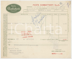 1955 CREMONA Via Ghisleri 36 - Pasta Ex Combattenti S.p.A. - Fattura commerciale