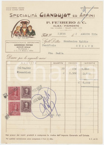 1954 ALBA - P. FERRERO & C. - Fattura per cioccolato Sultanino e Cremablok (2) Fattura commerciale d'epoca dattiloscritta, su carta intestata.Presenti marche da bollo.PAGINE: 1 POOR/danneggiato piegature d'epoca; foro con strappo al lato superiore Formato: 17x24 cm originale e autentica 1