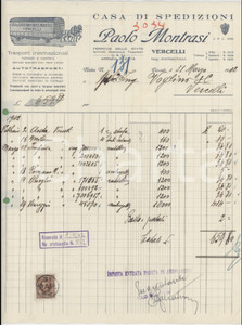 1942 VERCELLI - Paolo MONTRASI Casa di spedizioni - Fattura commerciale (1) Fattura commerciale d'epoca manoscritta, su carta intestata.Presente marca da bollo.PAGINE: 1 POOR/danneggiato piegature d'epoca; fori da classificatore; gualciture Formato: 23x29 cm originale e autentica 1