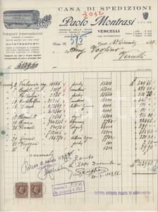 1941 VERCELLI - Paolo MONTRASI Casa di spedizioni - Fattura commerciale Fattura commerciale d'epoca manoscritta, su carta intestata.Presenti marche da bollo.PAGINE: 1 FAIR/discreto piegature d'epoca; fori da classificatore; gualciture Formato: 23x29 cm originale e autentica 1