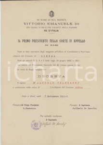 1932 GINOSA (TA) Conferma Francesco D'ALCONZO conciliatore del Comune Documento originale d'epoca, a stampa, su carta intestata, emanato dalla Corte di Appello di Bari.PAGINE: 1 FAIR/discreto piegature d'epoca e piccolo strappo al lato superiore Formato: 21x28 cm originale e autentica 1