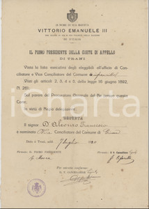 1920 GINOSA (TA) Conferma Francesco D'ALCONZO vice conciliatore del Comune Documento originale d'epoca, a stampa, su carta intestata, emanato dalla Corte di Appello di Trani.PAGINE: 1 FAIR/discreto piegature d'epoca e fioriture Formato: 21x31 cm originale e autentica 1