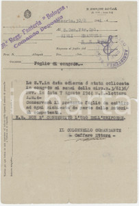 1944 WW2 CASERTA 39Â°Reggimento Fanteria Bologna - Congedo s. ten. Emanuele GIGLI Documento originale d'epoca, su carta intestata, con firma autografa del colonnello comandante Ettore Caffaro.PAGINE: 1 POOR/danneggiato piegature d'epoca, piccoli strappi marginale e fori da spillatura  originale e autentica 1