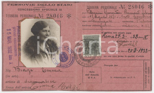 Oggetto da collezione cartaceo 1932 ROMA FERROVIE DELLO STATO  Tessera Emma BIAGI artista 1