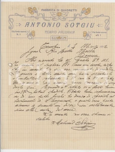 Manoscritto, lettera originale 1912 SARDEGNA TEMPIO PAUSANIA Lettera Antonio SOTGIU per quadretti sughero 1
