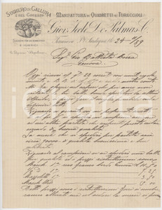 Manoscritto, lettera originale 1889 SARDEGNA OLBIA Lettera Giovanni Tecle DE PALMAS Sughero di Gallura 1