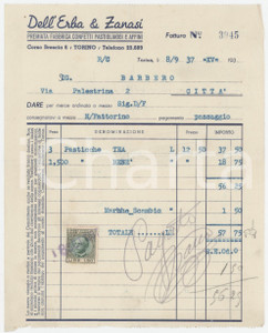 1937 TORINO Corso Brescia 6 - DELL'ERBA & ZANASI Fabbrica confetti - Fattura Fattura d'epoca, con marca da bollo. FAIR/discreto Piegature d'epoca Formato: 16x20 cm originale e autentica 1