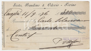 1896 TORINO Sisto, Baudino & Oderio - Ricevuta di pagamento 17x10 cm Ricevuta di pagament d'epoca, su carta intestata, manoscritta.  FAIR/discreto Piegature d'epoca, bruniture Formato: 17x10 cm originale e autentica 1