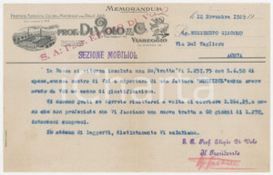 1929 VIAREGGIO (LU) - Prof. DI VOLO & C. Premiata Fabbrica Colori - Memorandum Memorandum d'epoca dattiloscritto, su carta intestata.Sull'intestazione sono apposti i timbri "S.A: Prof. Eligio Di Volo" e "Sezione Mobiliol".PAGINE: 1 FAIR/discreto piegatura centrale d'epoca Formato: 22x14 cm originale e autentica 1