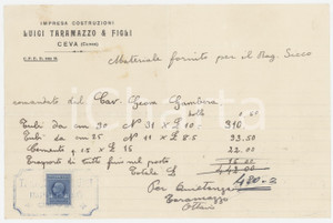 1935 ca CEVA Luigi TARRAMAZZO E FIGLI Impresa di costruzioni - Fattura 21x14 cm Fattura commerciale d'epoca, su carta intestata, manoscritta. Con marca da bollo. FAIR/discreto Piegature d'epoca Formato: 21x14 cm originale e autentica 1