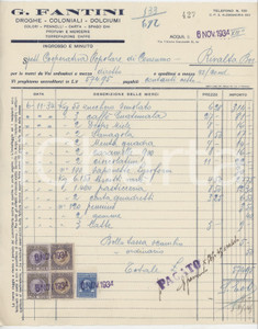 1934 ACQUI TERME Droghe e coloniali G. FANTINI Fattura per caramelle 22x27 cm Fattura commerciale d'epoca, su carta intestata, manoscritta. Con marche da bollo.  FAIR/discreto Piegature d'epoca FORMATO: 22x27 cm originale e autentica 1