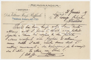 1929 TORINO Sartoria Vittorio FOA fu Raffaele - Memorandum - Lettera commerciale Lettera commerciale d'epoca, manoscritta, su carta intestata. FAIR/discreto Piegature d'epoca Formato: 22x14 cm originale e autentica 1