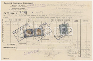 1938 TORINO Via Bologna 74 SocietÃ  Italiana Ossigeno ed altri Gas - Fattura (1) Fattura commerciale d'epoca manoscritta, su carta intestata.Presenti marche da bollo.PAGINE: 1 FAIR/discreto piegature d'epoca; minimo strappo al lato sinistro Formato: 21x13 cm originale e autentica 1