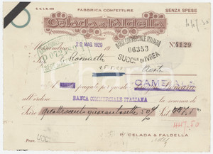 Oggetto da collezione cartaceo 1929 ALESSANDRIA  CELADA & FALDELLA Fabbrica confetture Cambiale pubblicitaria 1