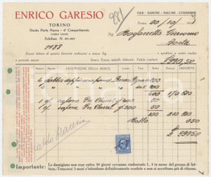 1931 TORINO Corso Dante - Enrico GARESIO Olii Saponi Salumi Conserve - Fattura