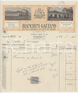 Documento originale, autentico 1927 TORINO Corso Ciriè 26  Gaetano BIANCHINI Fabbrica letti in ferro Fattura 1