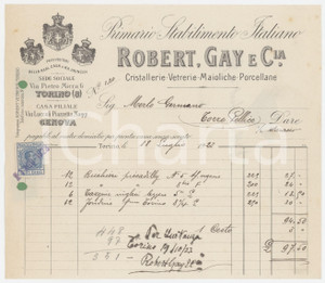 1923 TORINO Via Pietro Micca - ROBERT, GAY e C.ia Cristallerie Vetrerie *Fattura