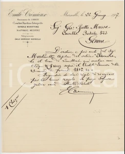 Documento originale, autentico 1907 MARSEILLE FRANCE  Emile CRÃ‰MIEUX Courtier Maritime InterprÃ¨te  Lettre 1