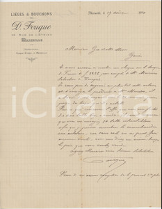 1898 MARSEILLE - D. FOUQUE LiÃ¨ges et bouchons - Lettre papier Ã  en-tÃªte Lettera commerciale d'epoca, manoscritta, su carta intestata.PAGINE: 1 POOR/danneggiato piegature d'epoca e piccoli strappi; ingiallimenti lungo le piegature  originale e autentica 1