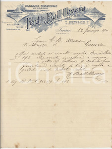 1910 TORINO Via Alfieri 11 - Ferdinando BALL-LLOVERA Turaccioli - Lettera (1) Lettera commerciale d'epoca manoscritta, su carta intestata.PAGINE: 1 POOR/danneggiato piegature d'epoca; fioriture; piccolo strappo al lato destro Formato: 22x28 cm originale e autentica 1