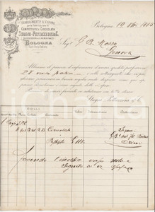 1885 BOLOGNA Porta Galliera STAGNI-PETTAZZONI & C. Fattura spedizione cioccolata Fattura commerciale d'epoca manoscritta, su carta intestata.PAGINE: 1 POOR/danneggiato piegature d'epoca; fioriture; piccoli strappi marginali Formato: 22x29 cm originale e autentica 1
