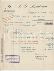 1945 COMO Via Cadorna 18 - A. G. LAMBRUGO Fabbrica stoffe di seta - Fattura