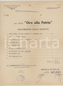 1936 MILANO - BANCA D'ITALIA - Ricevuta per offerta di oro alla patria