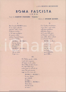1935 O. GUAZZI - J. FRANCHI Roma fascista - Inno - Volantino testo 22x32 cm