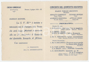1931 NOVARA Circolo commerciale - Concerto Quintetto RECUPITO - Programma
