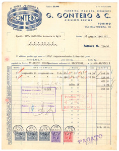 1942 TORINO Via Baltimora 19 - Giuseppe GONTERO & C. Fabbrica Segmenti - Fattura Fattura commerciale d'epoca dattiloscritta, su carta intestata.Presenti marche da bollo.PAGINE: 1 FAIR/discreto piegature d'epoca; fori da classificatore; piccoli fori da spillatura; tracce di ruggine; lievi fioriture; macchia al lato superiore Formato: 23x29 cm originale e autentica 1