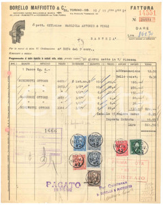 1942 TORINO Via Principe Tommaso - BORELLO MAFFIOTTO & C. Rubinetti *Fattura (1) Fattura commerciale d'epoca dattiloscritta, su carta intestata.Presenti marche da bollo.PAGINE: 1 FAIR/discreto piegature d'epoca; fori da classificatore; piccoli fori da spillatura; piccoli strappi marginali Formato: 22x28 cm originale e autentica 1
